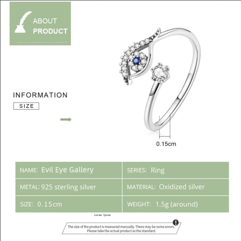 Women's Lucky Evil Eye Adjustable Ring with Blue Zircon and Shining Sterling Silver