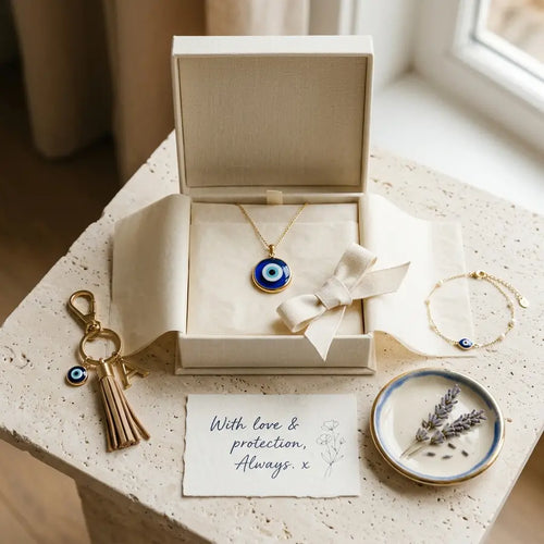 Boxed blue evil eye pendant with a matching bracelet, keychain, gift note, and lavender dish.