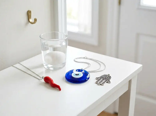 Blue glass evil eye, silver Hamsa, red horn pendant, and an egg in water arranged on a white table.
