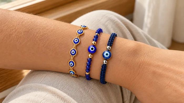 Three blue and gold evil eye bracelets worn together on a wrist