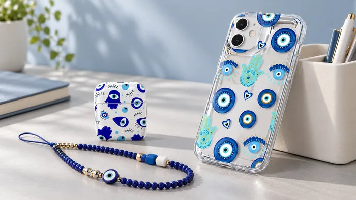 Blue evil eye phone case, earbud case and beaded phone strap on a light desktop