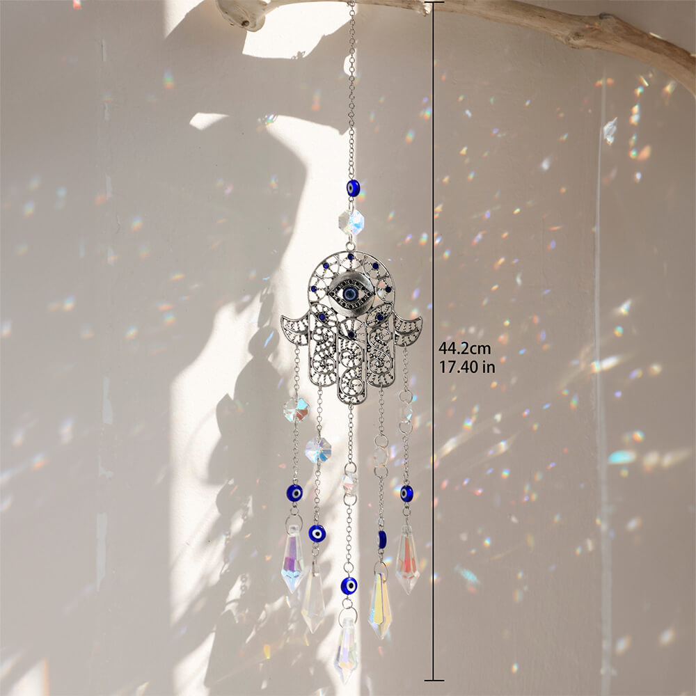 Elegant Hamsa Hand & Evil Eye Crystal Suncatcher: A Radiant Rainbow Prism for Home and Garden