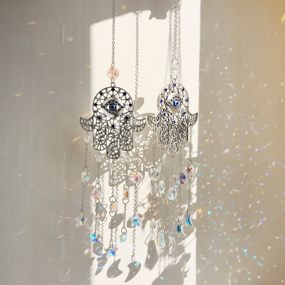 Elegant Hamsa Hand & Evil Eye Crystal Suncatcher: A Radiant Rainbow Prism for Home and Garden