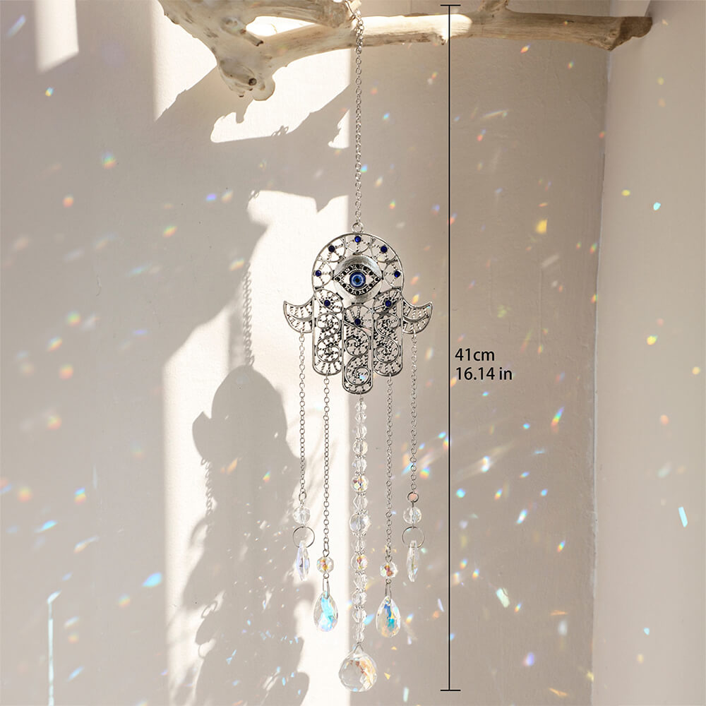 Elegant Hamsa Hand & Evil Eye Crystal Suncatcher: A Radiant Rainbow Prism for Home and Garden