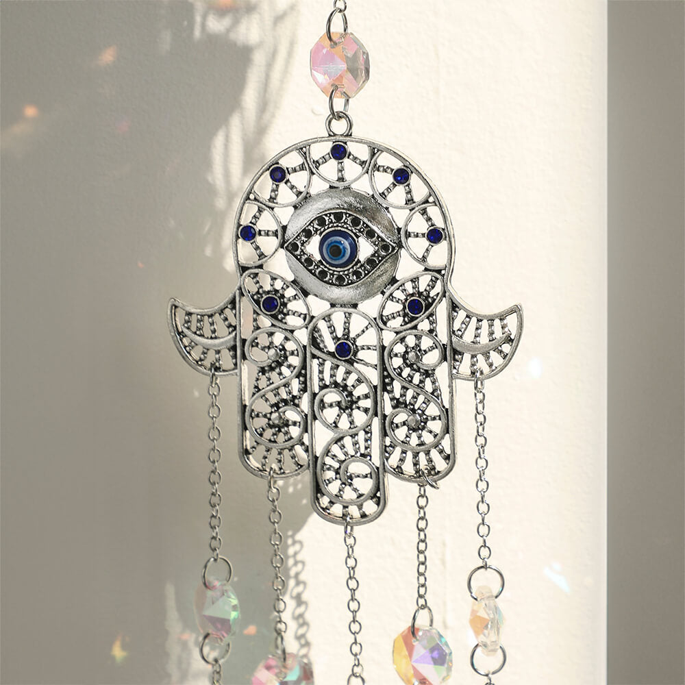 Elegant Hamsa Hand & Evil Eye Crystal Suncatcher: A Radiant Rainbow Prism for Home and Garden