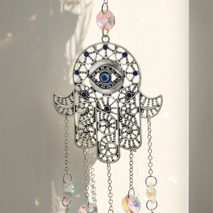 Elegant Hamsa Hand & Evil Eye Crystal Suncatcher: A Radiant Rainbow Prism for Home and Garden