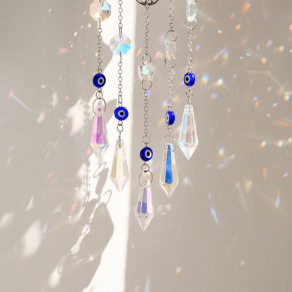 Elegant Hamsa Hand & Evil Eye Crystal Suncatcher: A Radiant Rainbow Prism for Home and Garden