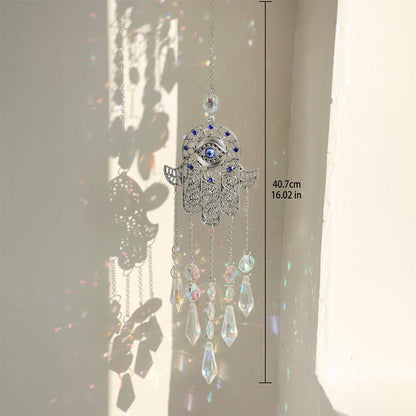 Elegant Hamsa Hand & Evil Eye Crystal Suncatcher: A Radiant Rainbow Prism for Home and Garden