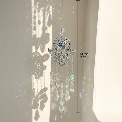 Elegant Hamsa Hand & Evil Eye Crystal Suncatcher: A Radiant Rainbow Prism for Home and Garden