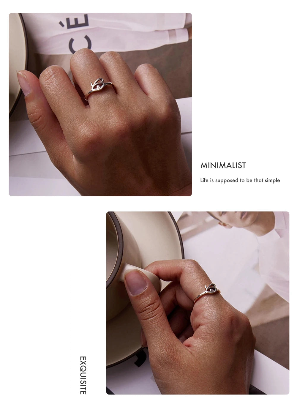Hands wearing a 925 sterling silver adjustable evil eye ring