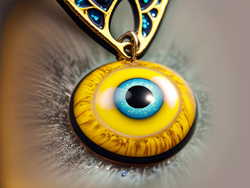 Close-up of a yellow evil eye charm