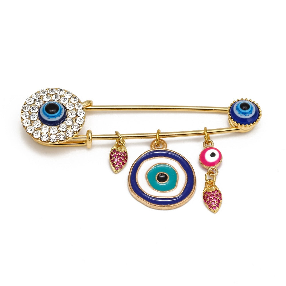 Elegant Gold-Toned Turkish Evil Eye Brooch with Tassel Detail – Timeless Charm for Women & Girls