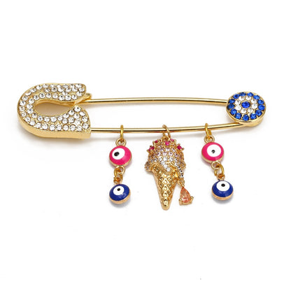 Elegant Gold-Toned Turkish Evil Eye Brooch with Tassel Detail – Timeless Charm for Women & Girls