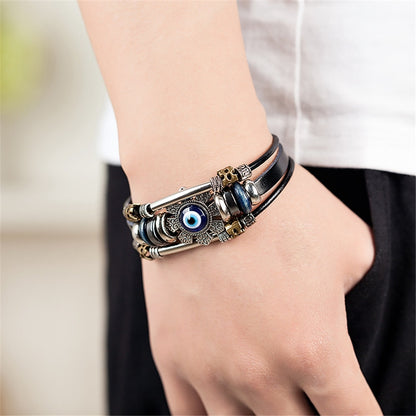 Exotic Turkish Blue Eye Bracelet with Stainless Steel and Wood Beads