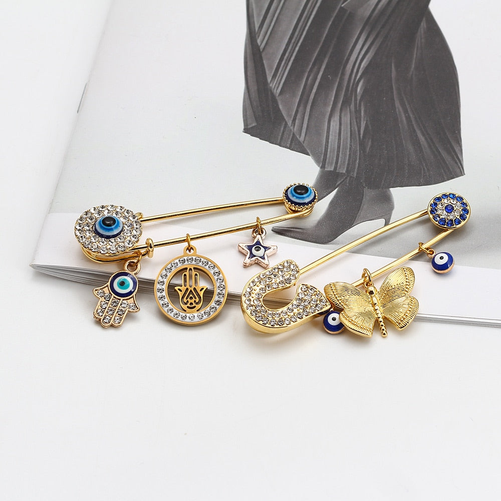 Elegant Gold-Toned Turkish Evil Eye Brooch with Tassel Detail – Timeless Charm for Women & Girls