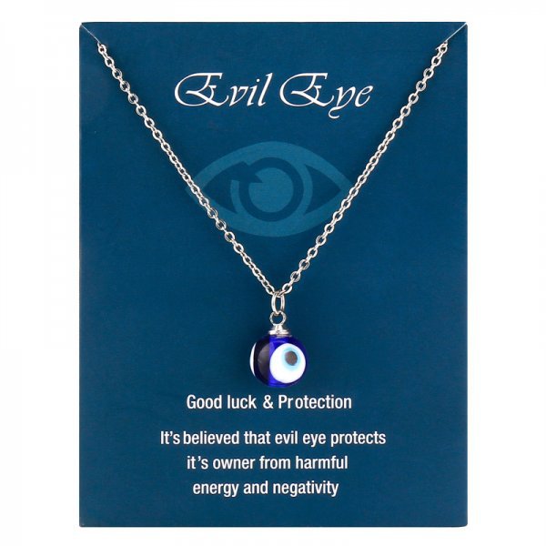 Evil eye necklace on a blue card
