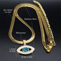 Open Eye necklace in gold tone with diagram labels of 40 + 10 cm for the chain and 2 cm wide by 1.5 cm high for the pendant