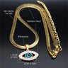 Open Eye necklace in gold tone with diagram labels of 40 + 10 cm for the chain and 2 cm wide by 1.5 cm high for the pendant