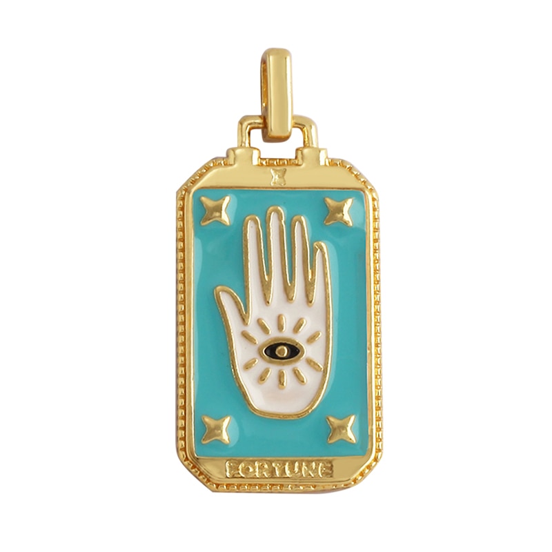Evil Eye Hamsa Hand Tarot Pendant: 18K Gold Plated Enamel Jewelry