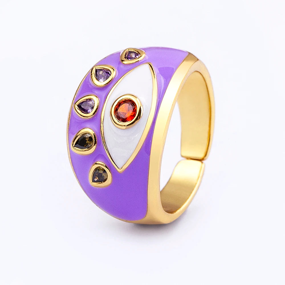 Dazzling Rainbow Zircon Evil Eye Ring for Women - Stylish Wedding Band with Colorful Enamel Accents