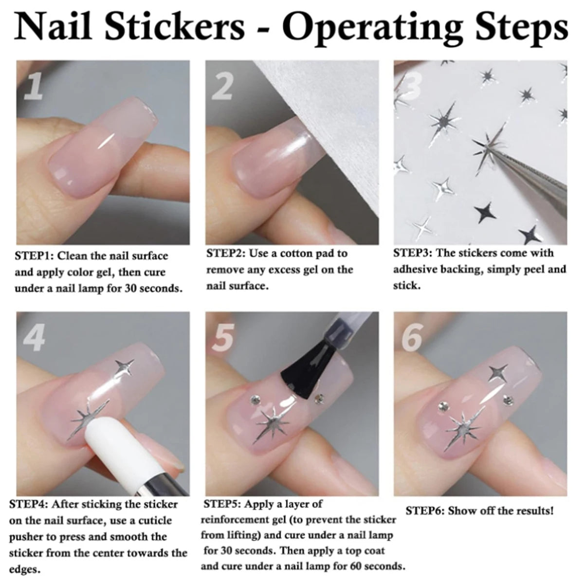 Instructional graphic titled 'Nail Stickers - Operating Steps' showing six numbered close-up steps of applying nail stickers to a fingernail. The image includes six panels with hands, a nail lamp, adhesive backing, and small metallic star-shaped nail stickers.
