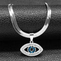 Open Eye necklace in silver tone with a flat chain, clear accents around the eye outline and blue center accents