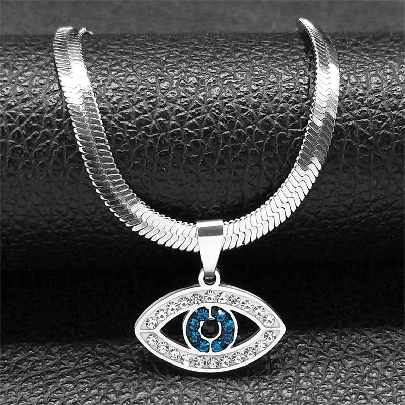Open Eye necklace in silver tone with a flat chain, clear accents around the eye outline and blue center accents