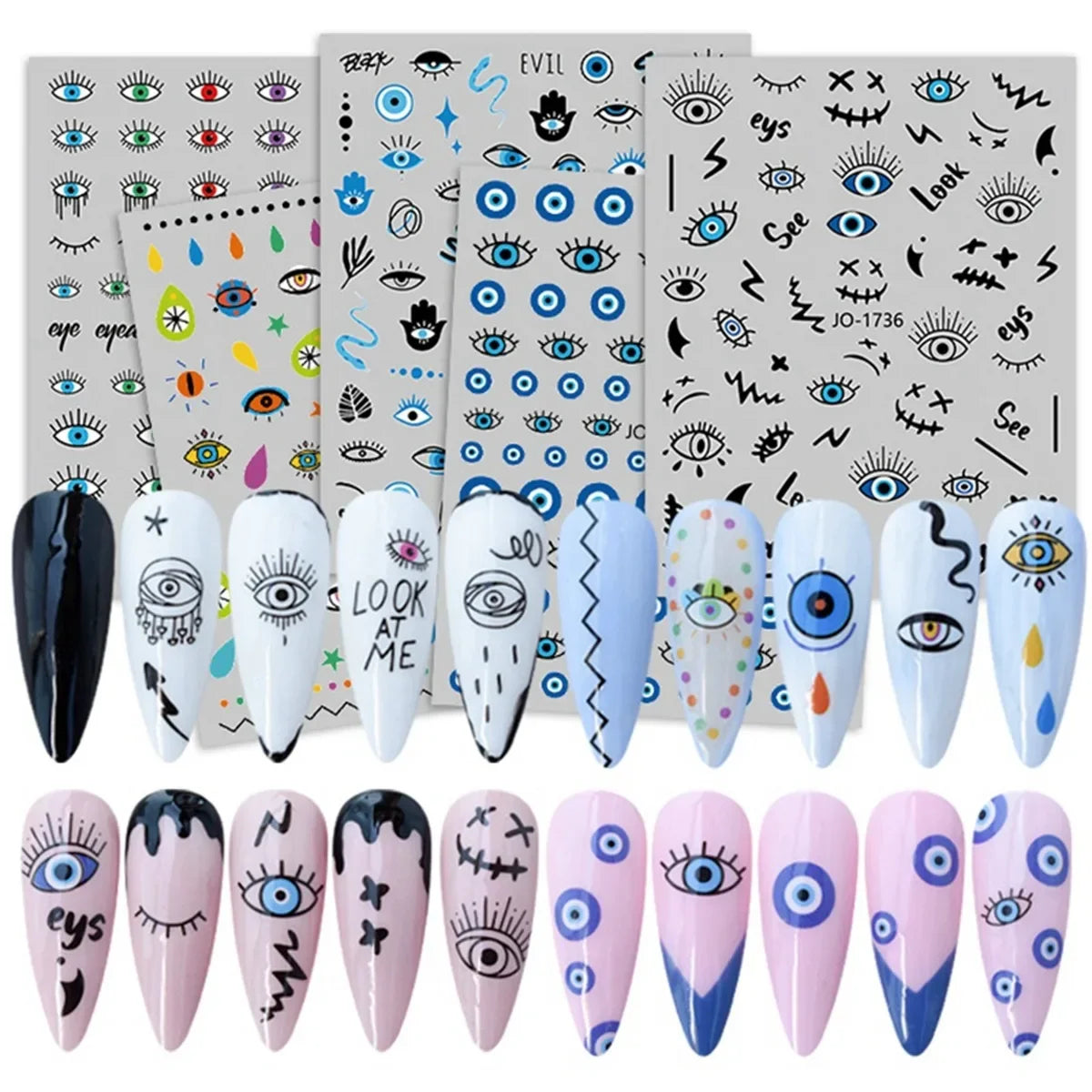 Evil eye nail art sticker designs shown on white and pink manicure samples