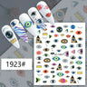 Multicolored abstract eye nail stickers displayed on white manicure samples
