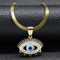 Sunburst Eye necklace in gold tone with pointed upper rays, lower triangular details and a blue and white center