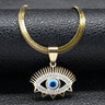 Sunburst Eye necklace in gold tone with pointed upper rays, lower triangular details and a blue and white center