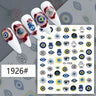 Blue and gold-tone eye and Hamsa nail stickers displayed on white manicure samples