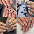 A 2x2 collage showing four different manicure designs on hands. The designs feature pale pink and nude bases with metallic gold, black, and white details, including wavy lines, starbursts, small eyes, and French tips.