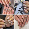 A 2x2 collage showing four different manicure designs on hands. The designs feature pale pink and nude bases with metallic gold, black, and white details, including wavy lines, starbursts, small eyes, and French tips.