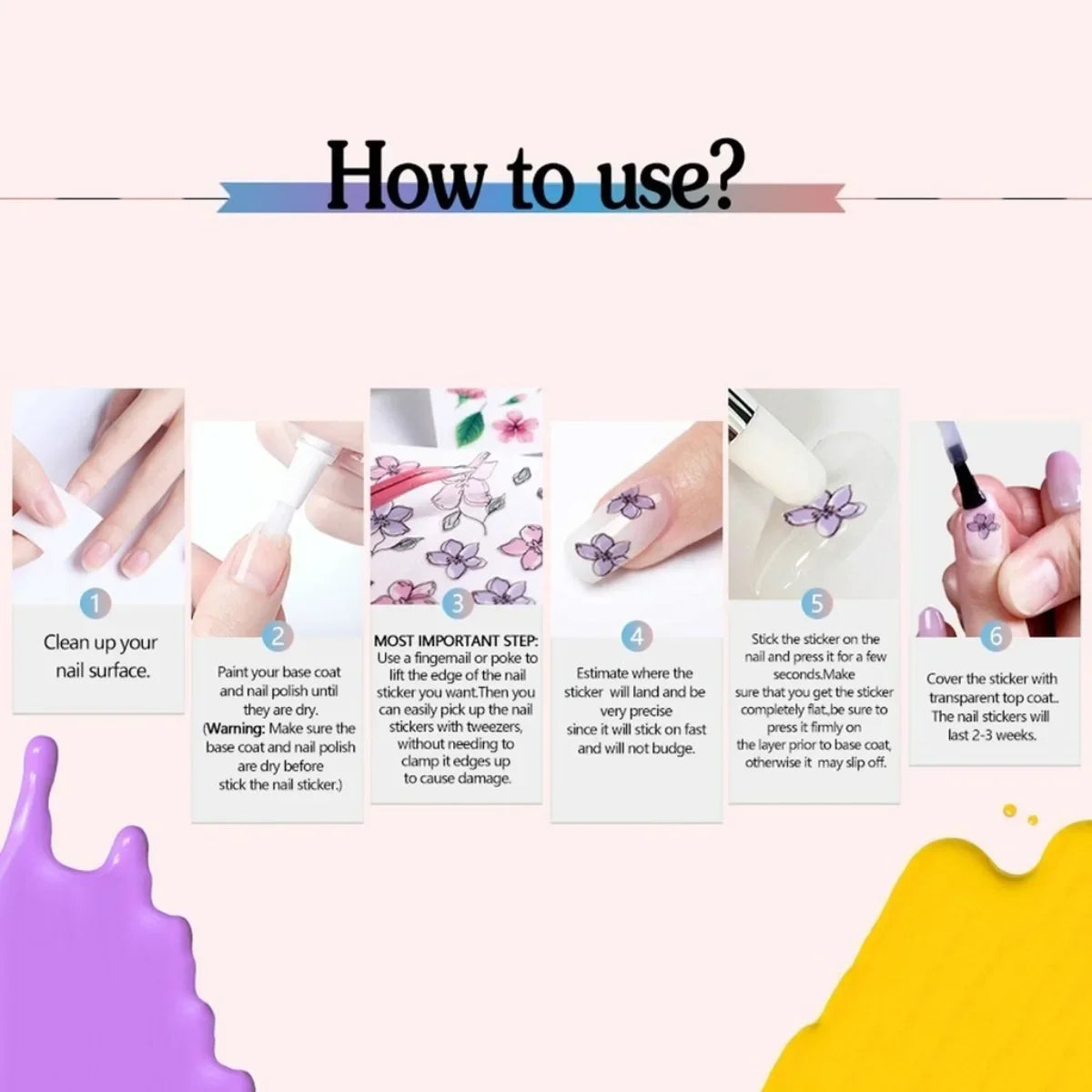 Six-step guide for applying nail art stickers and sealing with clear top coat