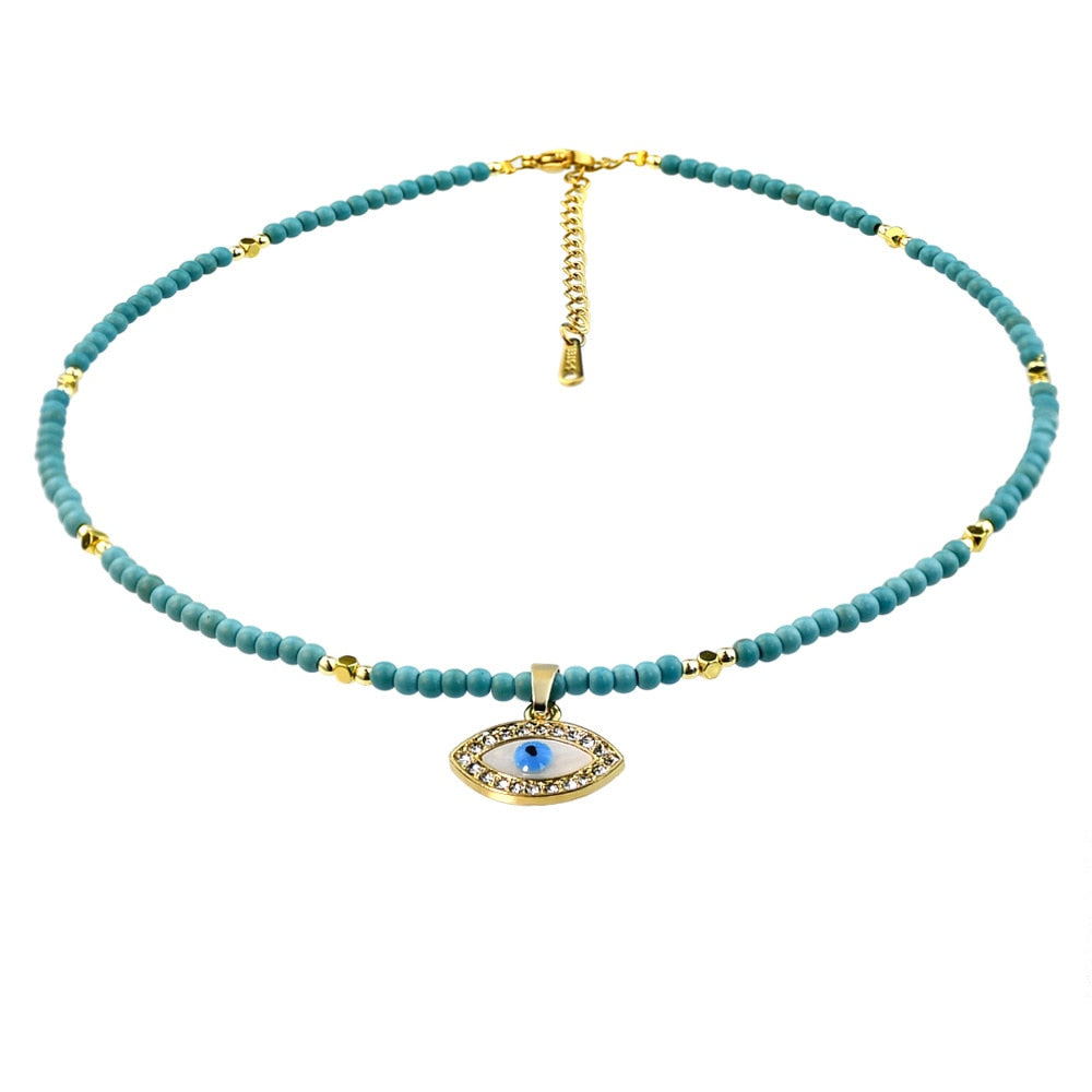 gold plated beaded choker with evil eye charms