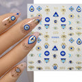Celestial Eye and Hamsa blue and gold-tone 3D nail sticker sheet with manicure preview