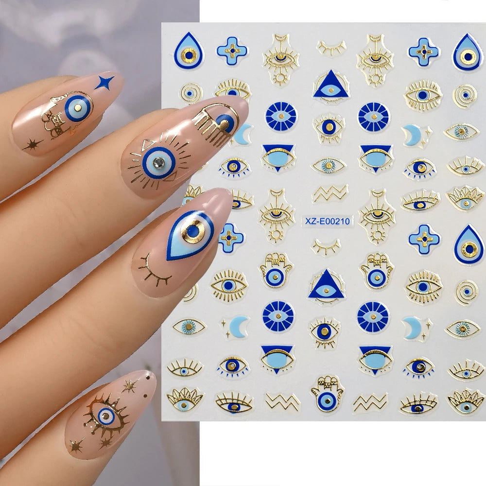 Celestial Eye and Hamsa blue and gold-tone 3D nail sticker sheet with manicure preview