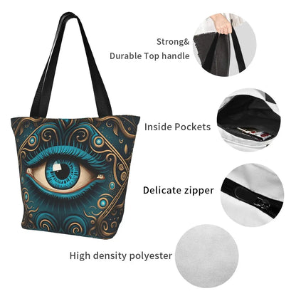 Chic Turkish Evil Eye Tote Bag with Boho Charm for College, Shopping, and Everyday Use