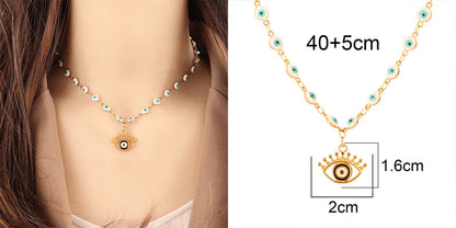Vibrant Enamel Turkish Evil Eye Charm Necklace - Stainless Steel Beaded Choker for Women