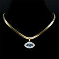 Open Eye necklace in gold tone arranged on a black necklace display, showing the chain and blue-centered pendant