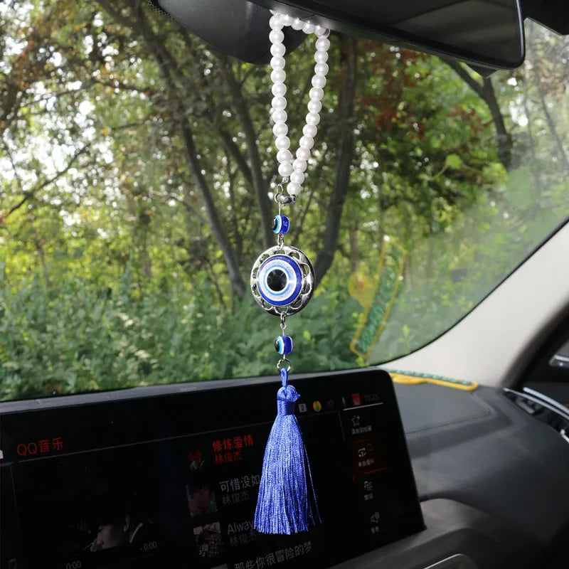 Elegant Blue Crystal Evil Eye Car Rearview Mirror Pendant with Tassels for Protection and Style