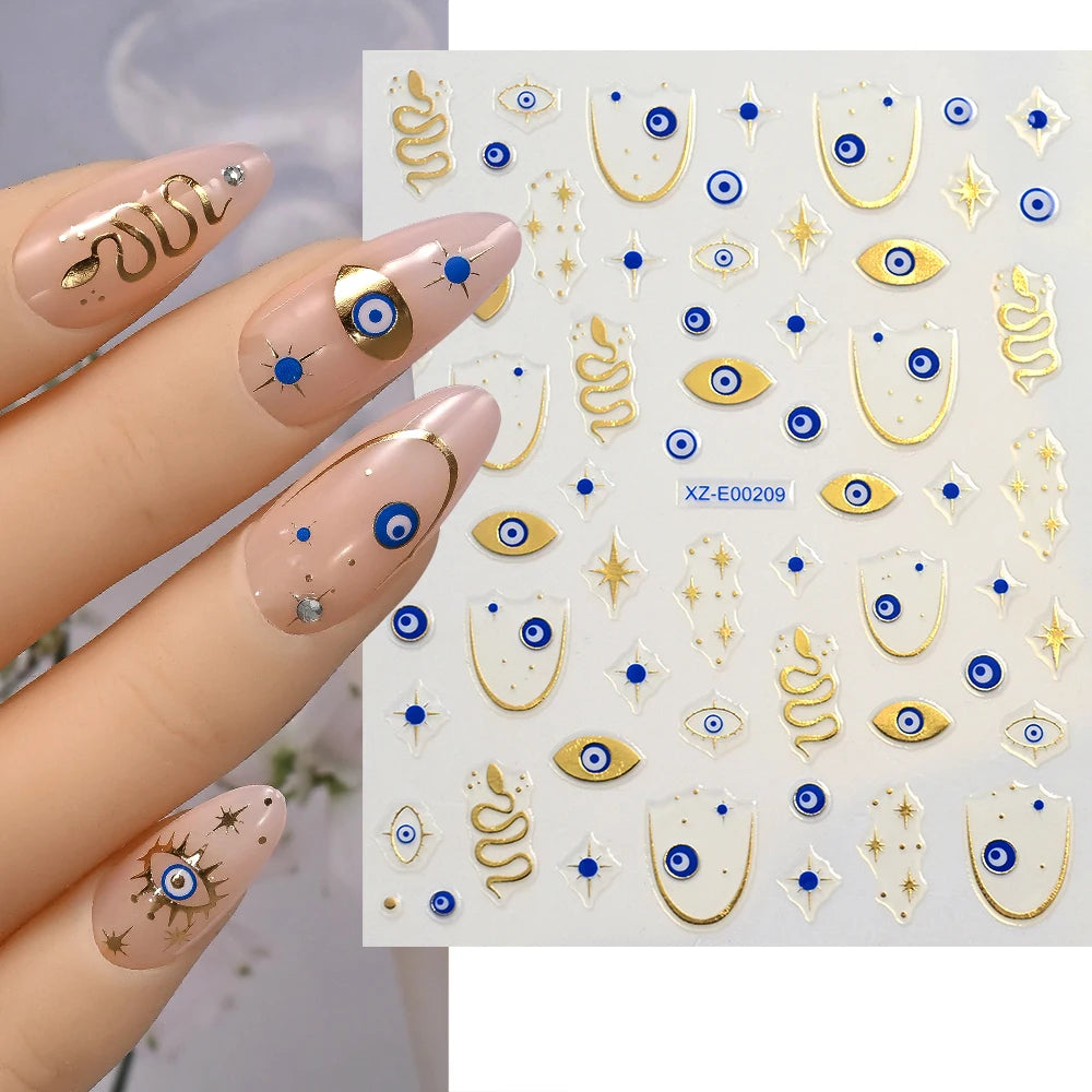 Snake and Evil Eye blue and gold-tone 3D nail sticker sheet with manicure preview