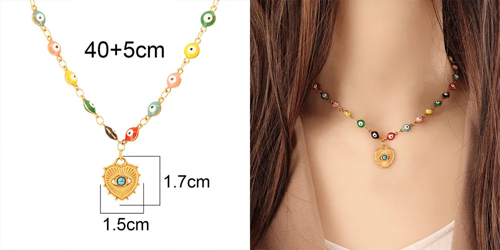 Vibrant Enamel Turkish Evil Eye Charm Necklace - Stainless Steel Beaded Choker for Women