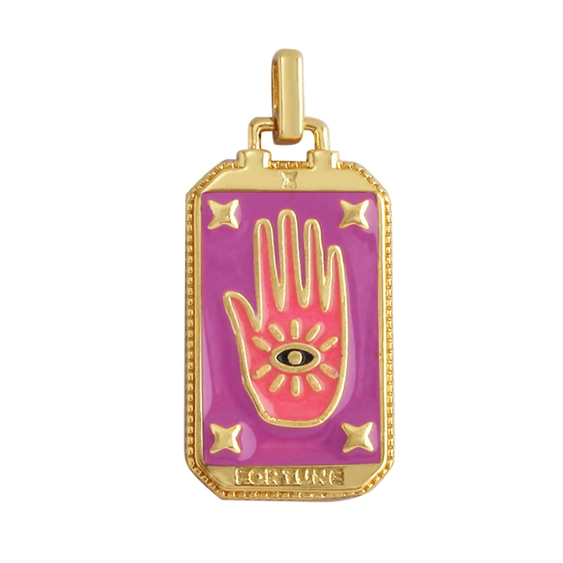 Evil Eye Hamsa Hand Tarot Pendant: 18K Gold Plated Enamel Jewelry