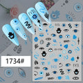 Blue, black and white eye motif nail stickers displayed on pale blue manicure samples