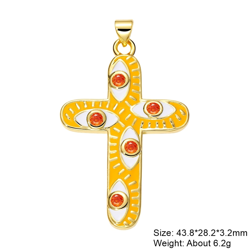 Exquisite 18K Gold Plated Evil Eye Cross Charm: Handcrafted with Vibrant Enamel and Premium Zircon
