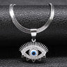 Sunburst Eye necklace in silver tone with pointed upper rays, lower triangular details and a blue and white center