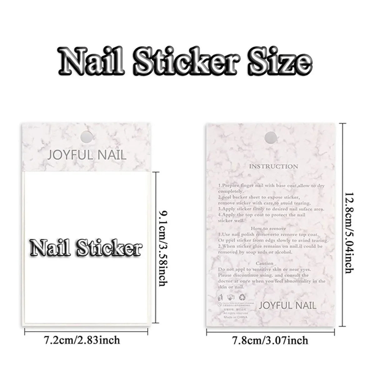 Nail art sticker sheet and backing card dimensions in centimeters and inches