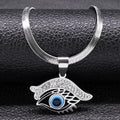 Curved Brow necklace in silver tone with a sweeping clear-accented brow above an open eye design and blue center